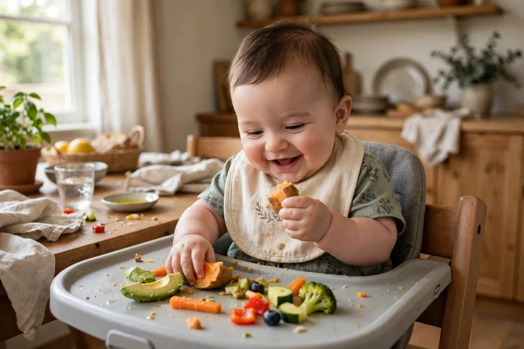 Bebê de 6 meses explorando alimentos com as próprias mãos no BLW