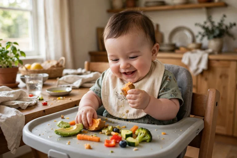 Bebê de 6 meses explorando alimentos com as próprias mãos no BLW