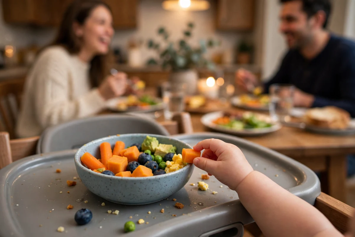 Bebê experimentando comidas em família na introdução alimentar BLW
