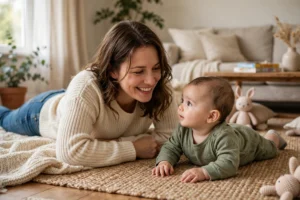 Fotografia realista de mãe sorrindo deitada no tapete com o bebê, ambiente acolhedor