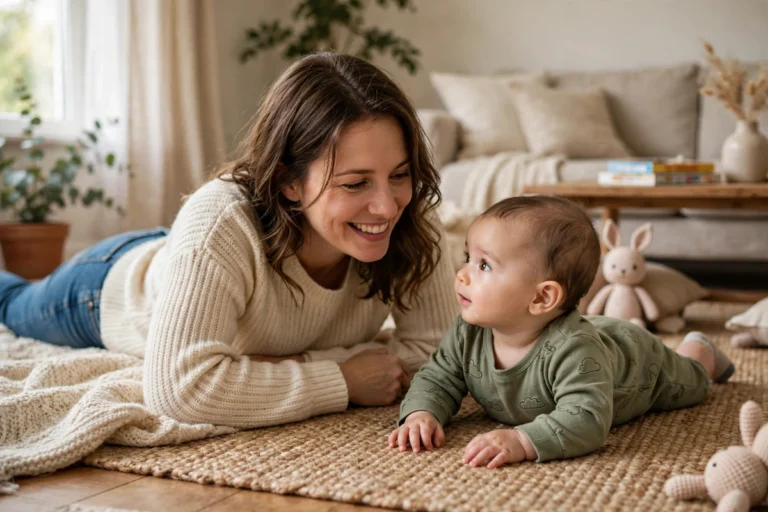 Fotografia realista de mãe sorrindo deitada no tapete com o bebê, ambiente acolhedor
