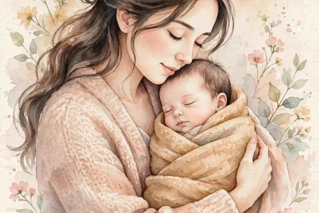 Fotografia de mãe abraçando seu bebê recém-nascido com carinho