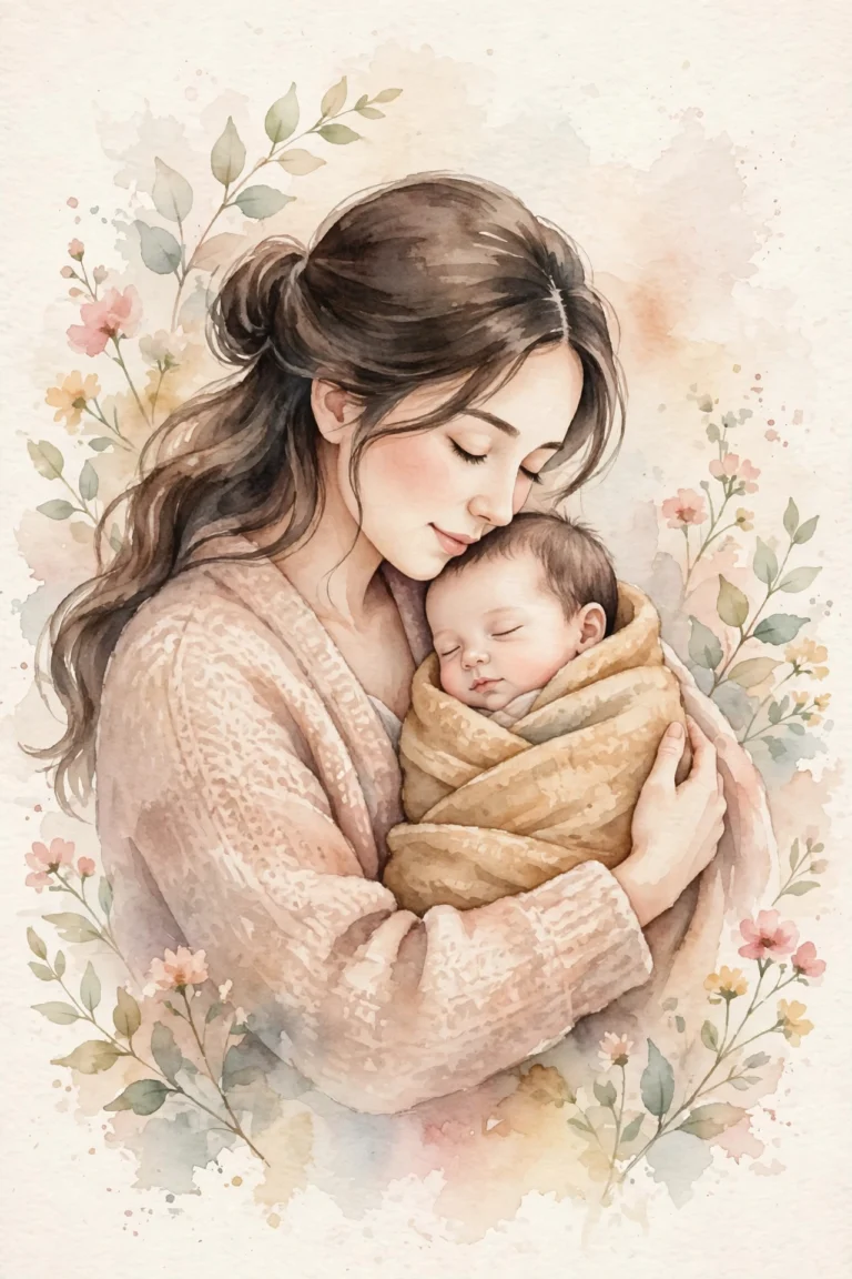 Ilustração aquarelada de mãe abraçando seu bebê recém-nascido