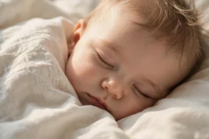 Fotografia em close-up do rostinho de um bebê dormindo tranquilamente