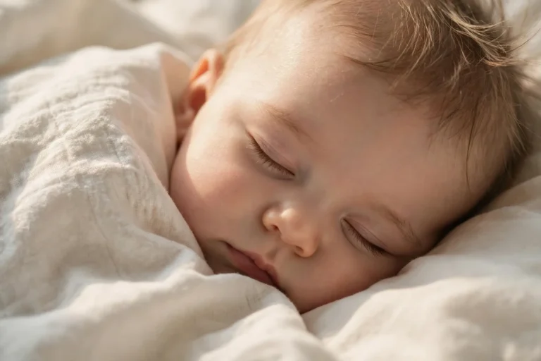 Fotografia em close-up do rostinho de um bebê dormindo tranquilamente