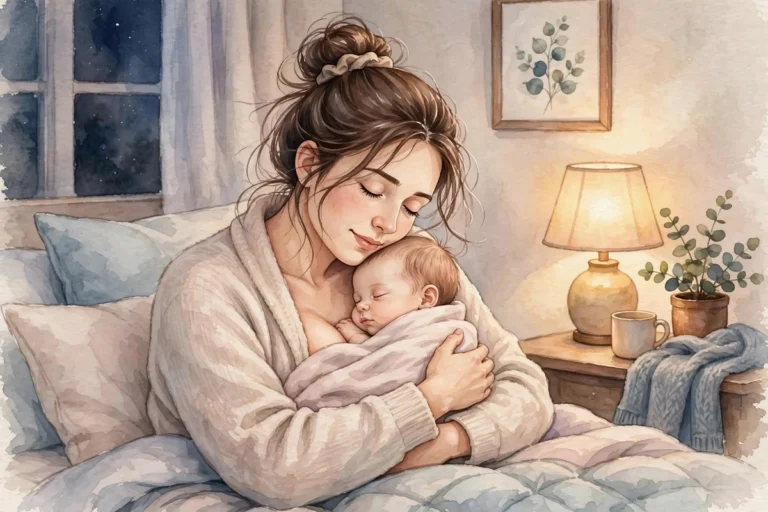 Mãe segurando bebê recém-nascido no colo durante a noite