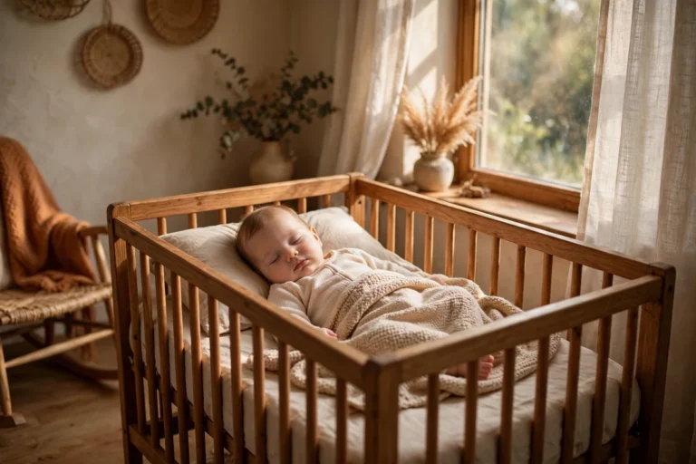 Fotografia realista de bebê dormindo tranquilamente no berço