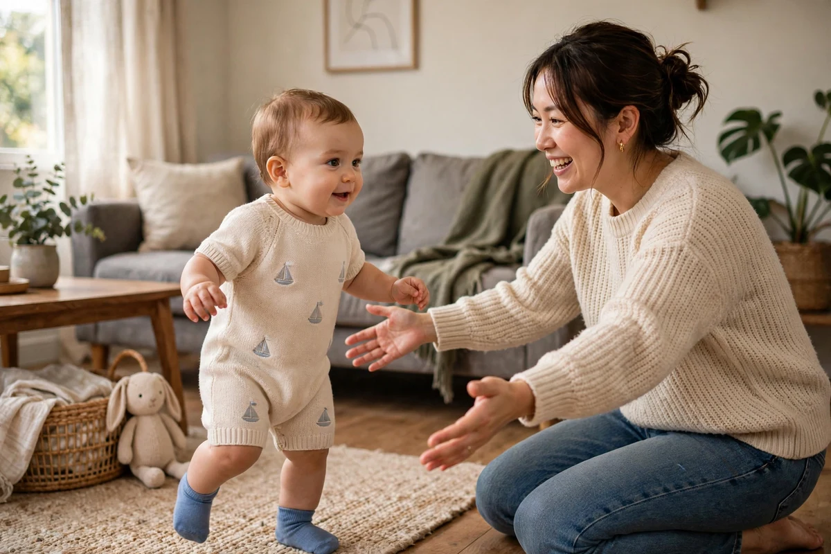 Bebê de 12 meses dando os primeiros passinhos em direção à mãe sorrindo