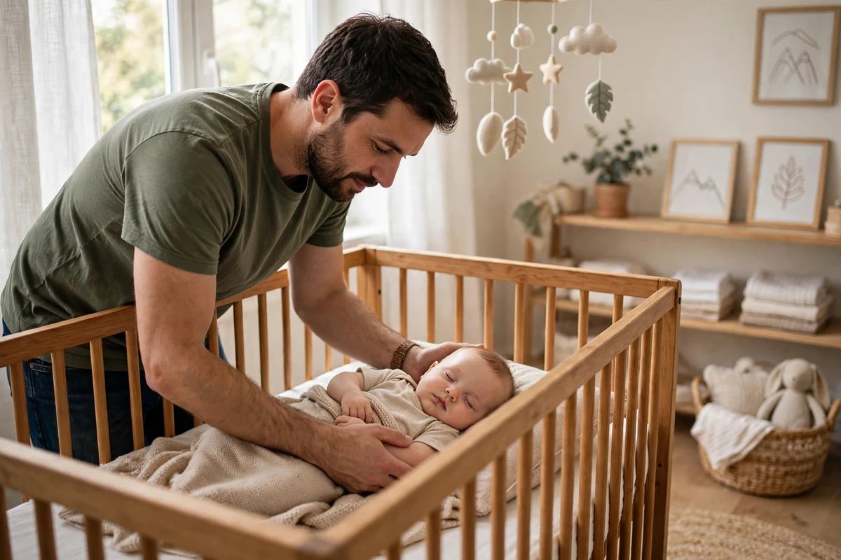 Fotografia de pai colocando o bebê para dormir no berço