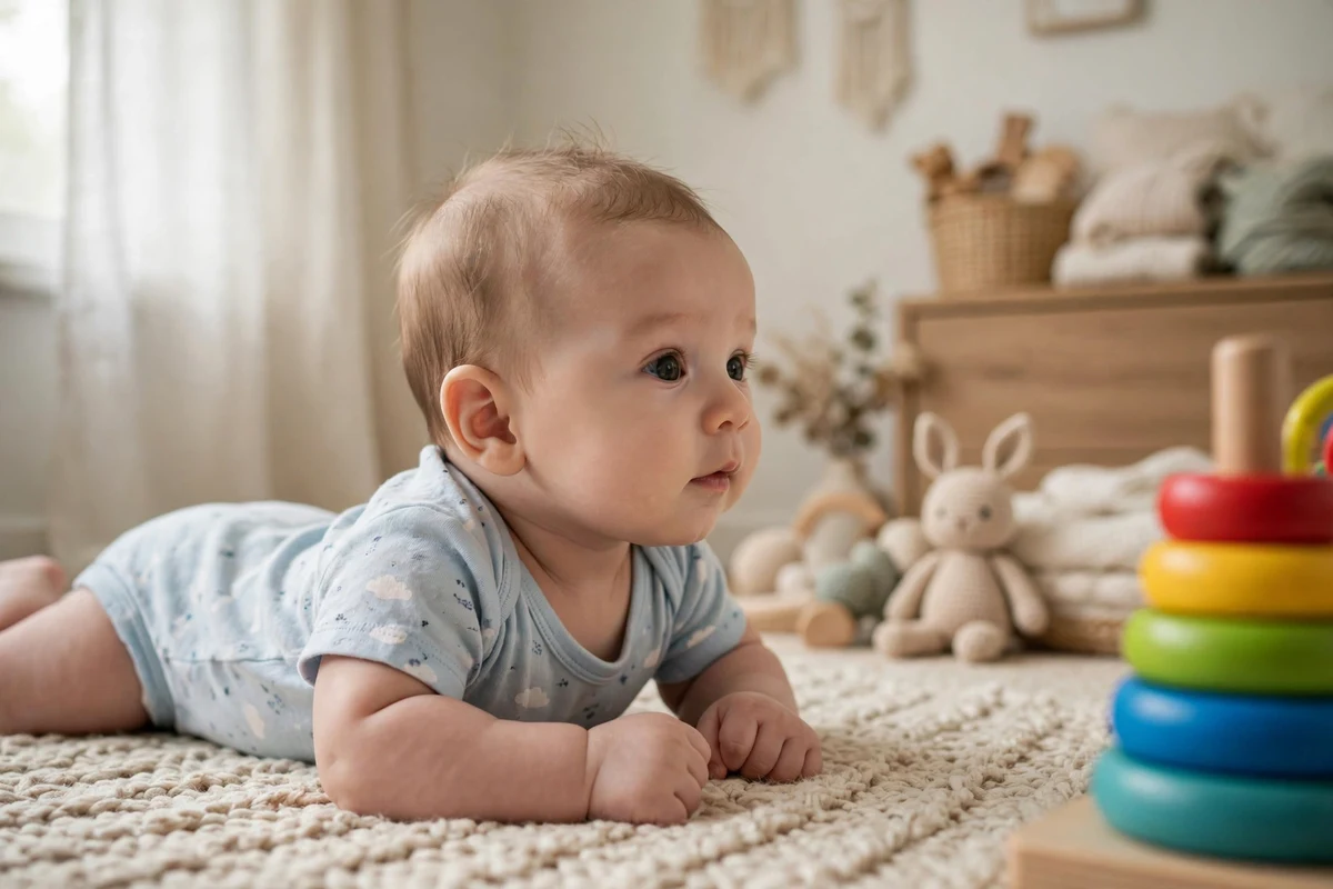 Bebê de 3 meses de bruços no tapete fazendo tummy time, erguendo a cabecinha