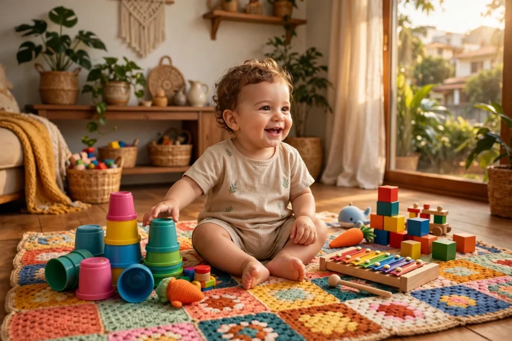 Bebê de 1 ano brincando com brinquedos coloridos no tapete da sala