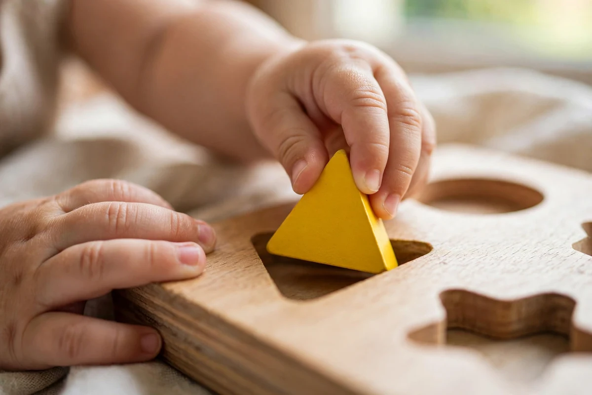 Mãozinhas de bebê encaixando peça geométrica em brinquedo de formas