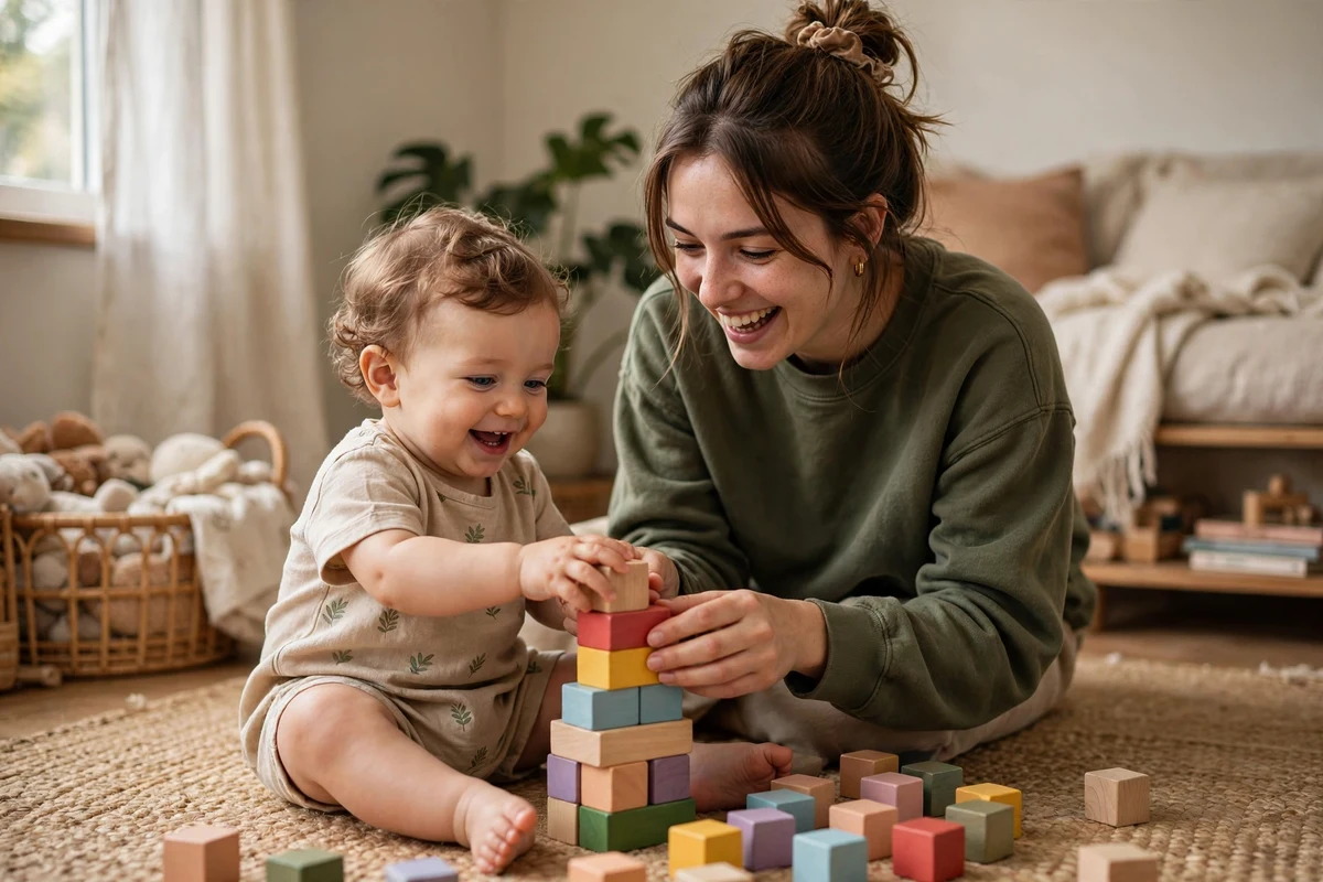 Mãe brincando com bebê de 1 ano empilhando blocos de madeira