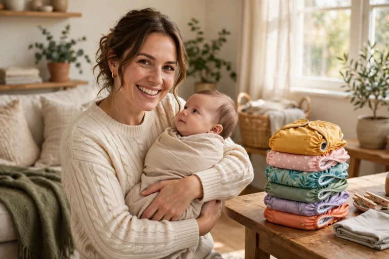 Mãe sorrindo com bebê e pilha de fraldas ecológicas coloridas