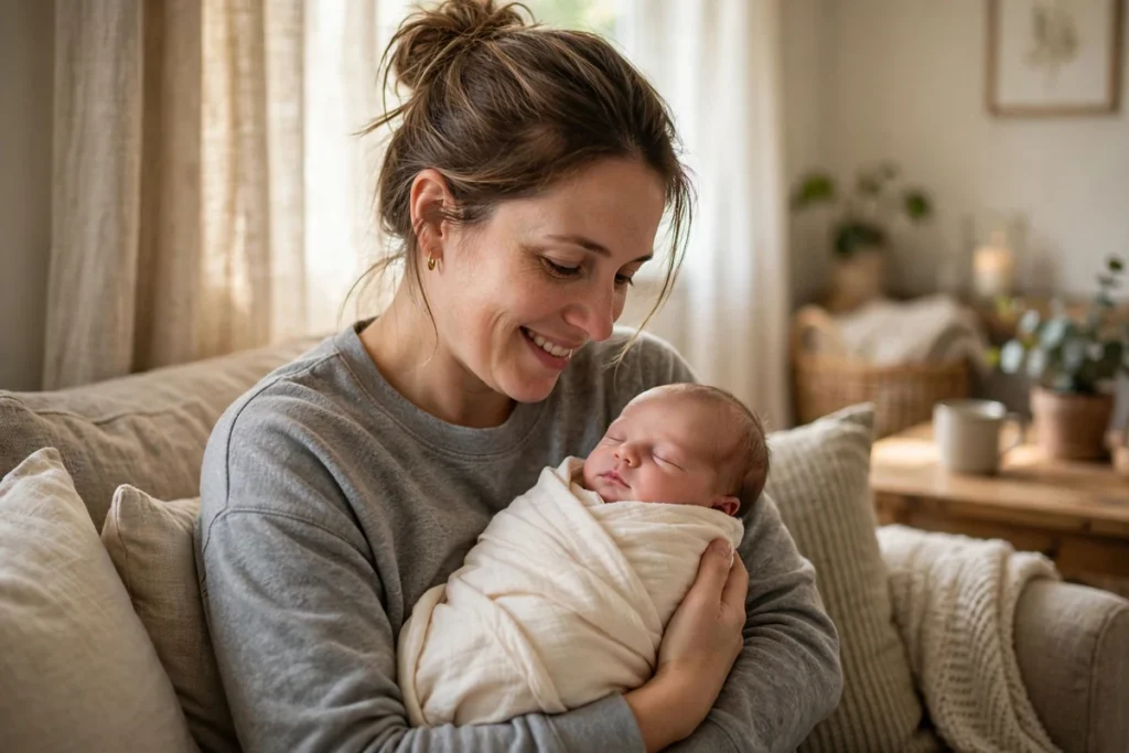 Mãe segurando o bebê recém-nascido no colo em casa