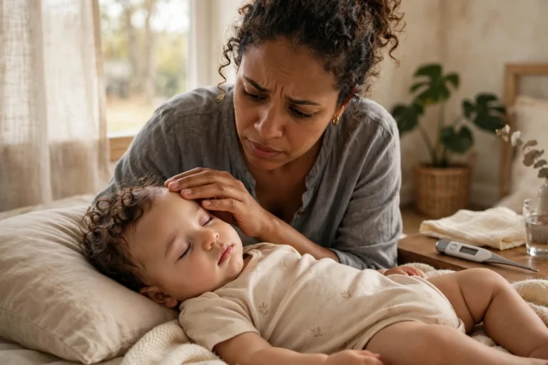 Mãe medindo a febre do bebê com a mão na testa, em ambiente acolhedor