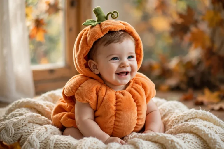 Bebê sorrindo vestindo fantasia de abóbora para o Halloween