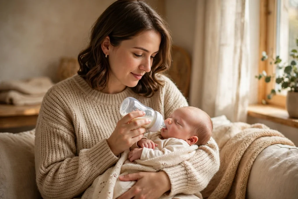 Mãe alimentando bebê recém-nascido com mamadeira anticólica