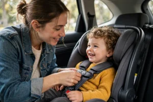 Mãe afivelando o cinto de segurança de uma criança sorridente na cadeirinha de carro