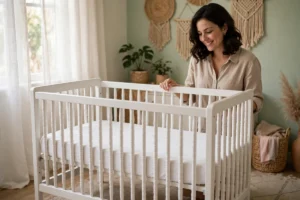 Mãe sorrindo ao lado de berço branco no quarto do bebê