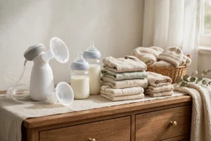 Bomba tira-leite elétrica e mamadeiras com leite materno sobre cômoda de quarto de bebê