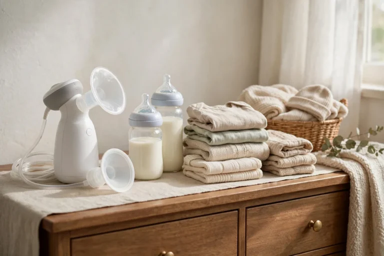 Bomba tira-leite elétrica e mamadeiras com leite materno sobre cômoda de quarto de bebê