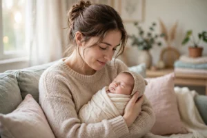 Mãe segurando o bebê no colo em casa