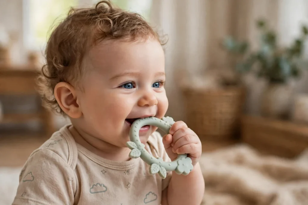 Bebê mordendo anel de dentição macio