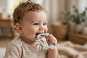 Bebê mordendo anel de dentição macio