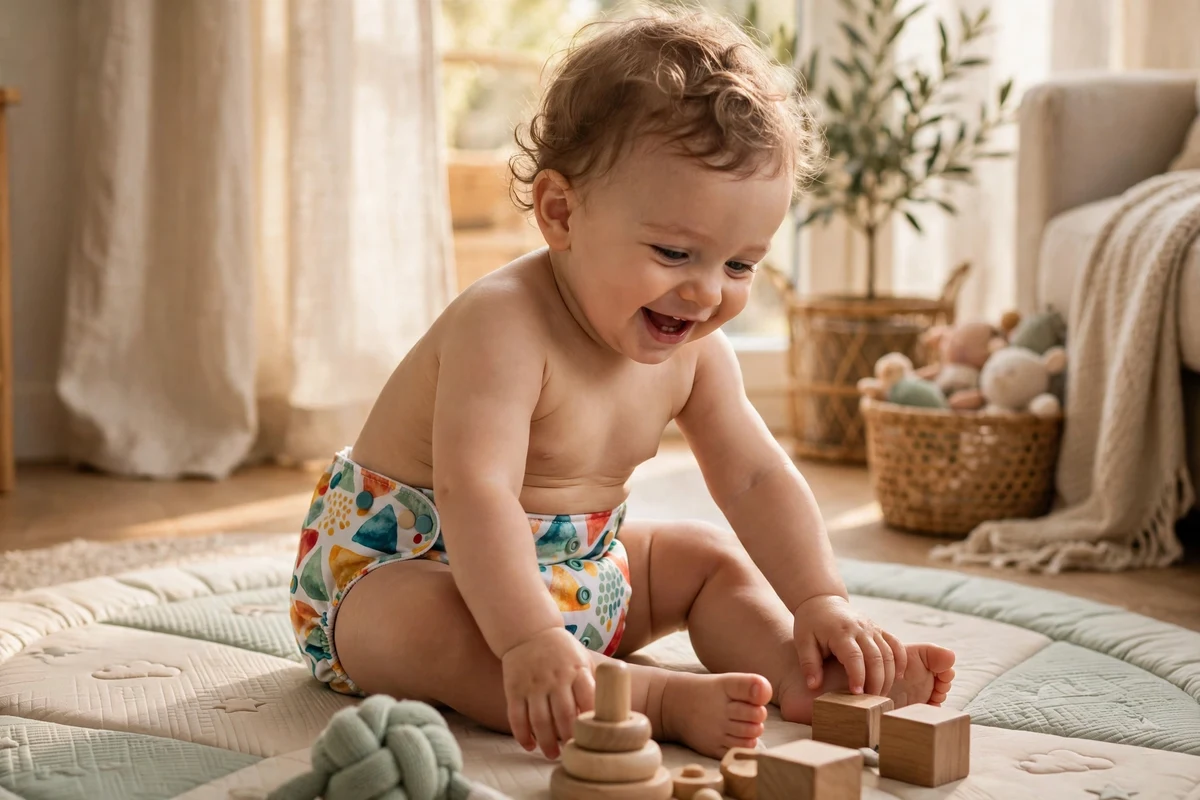 Bebê sorrindo usando fralda ecológica colorida no tapete de brincar
