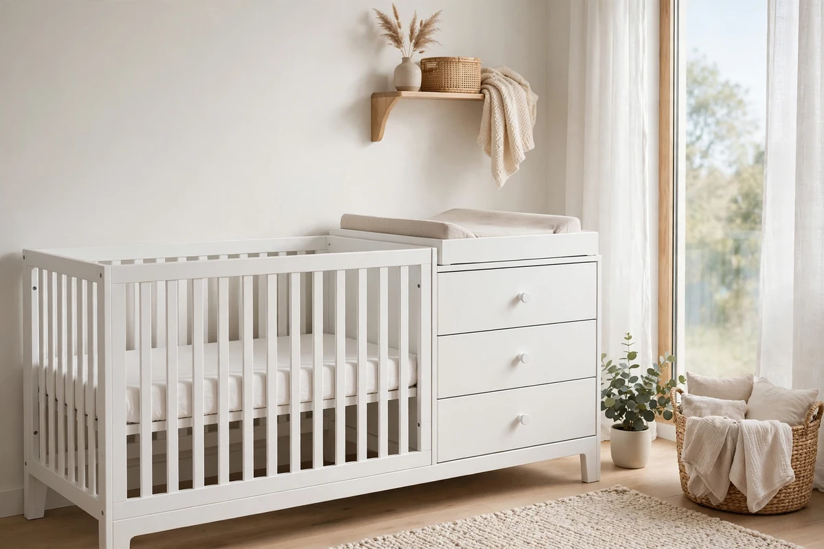 Berço multifuncional branco com cômoda e trocador acoplados no quarto do bebê