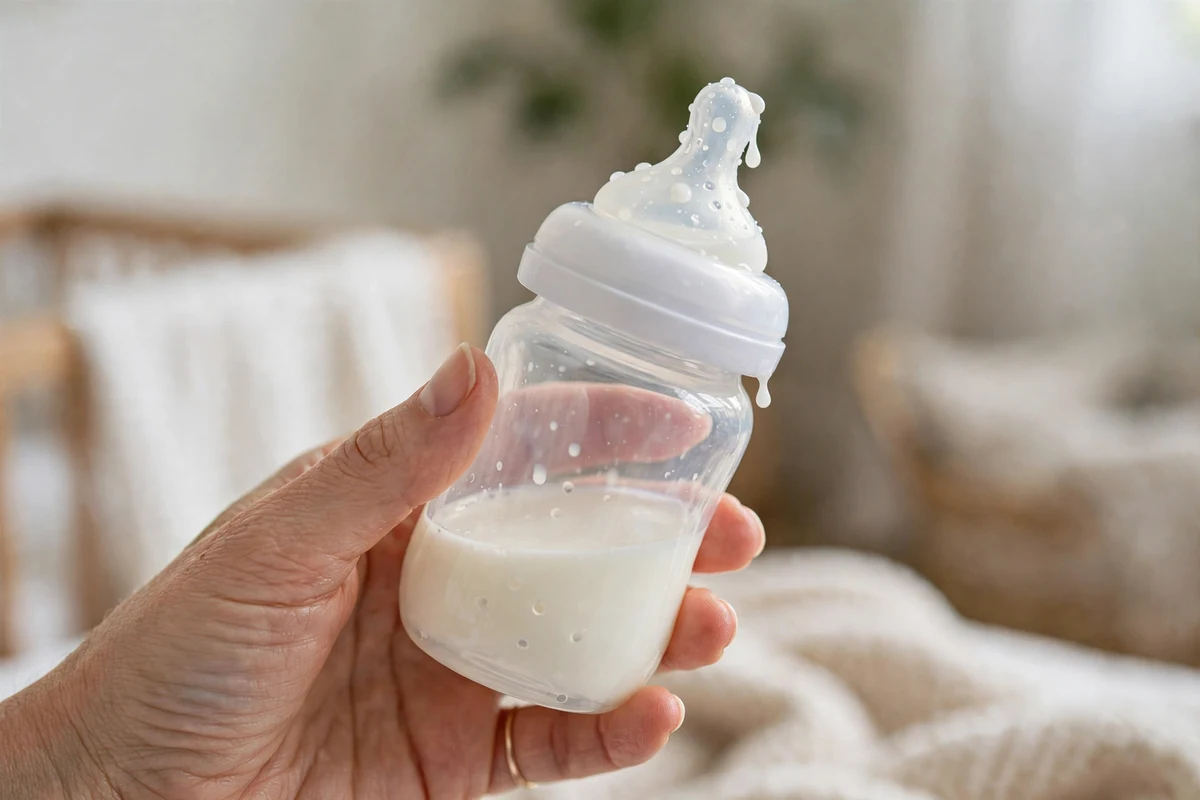 Detalhe de mamadeira anticólica com bico de silicone segurada pela mão da mãe