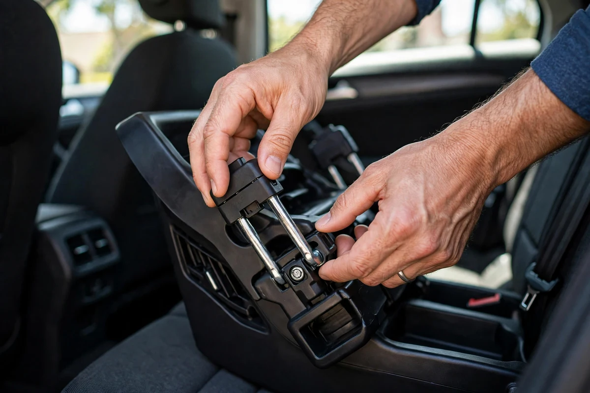 Pai ajustando o conector Isofix da cadeirinha no banco traseiro do carro