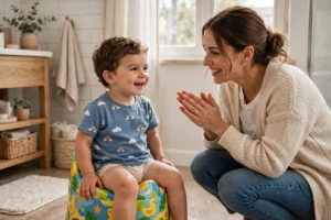 Mãe sorrindo ao lado do filho pequeno sentado em um penico colorido no banheiro