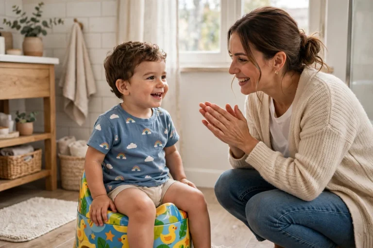 Mãe sorrindo ao lado do filho pequeno sentado em um penico colorido no banheiro