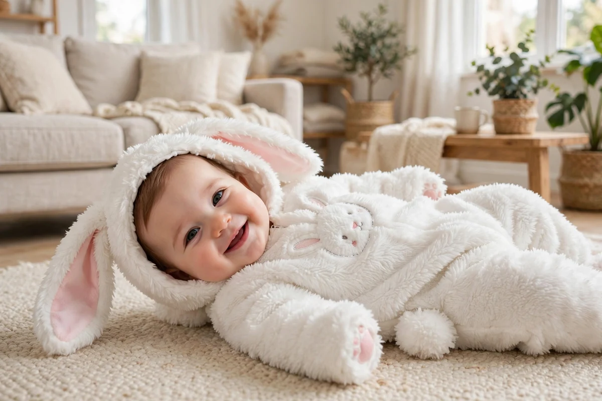 Bebê sorrindo com fantasia fofa de coelhinho