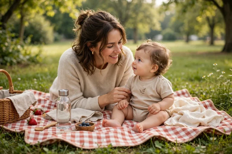 Mãe e bebê fazendo piquenique no parque em manhã ensolarada