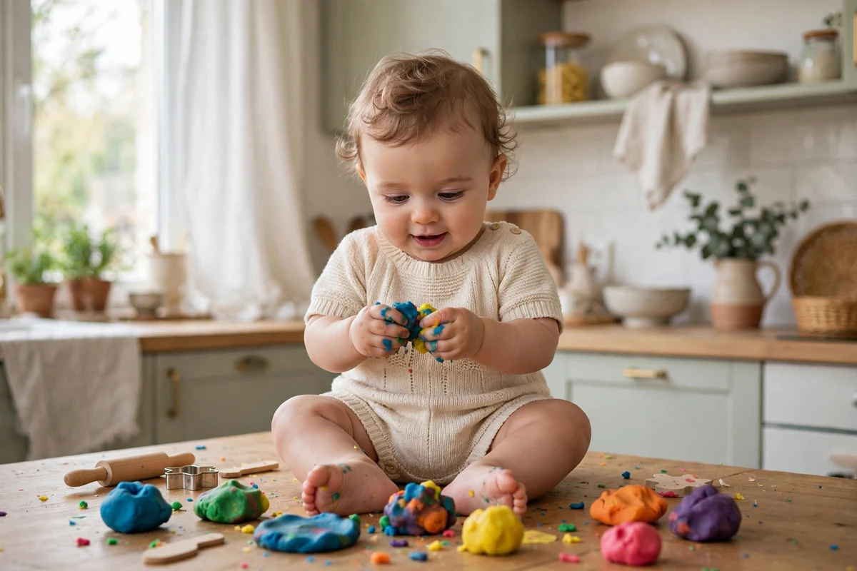 Bebê de um ano brincando com massinha na mesa da cozinha