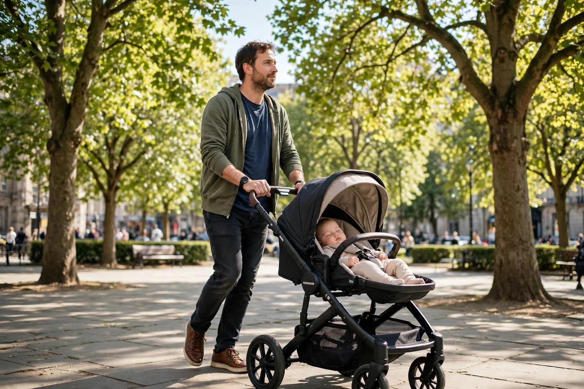 Pai empurrando carrinho de bebê em praça arborizada