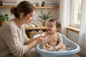 Mãe dando banho no bebê sorrindo em uma banheira infantil azul