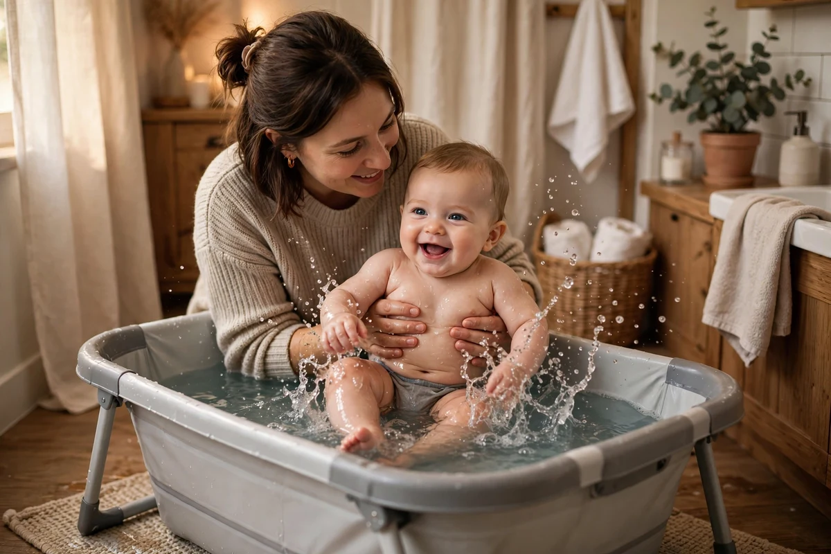 Bebê feliz tomando banho em banheira dobrável com a mãe por perto