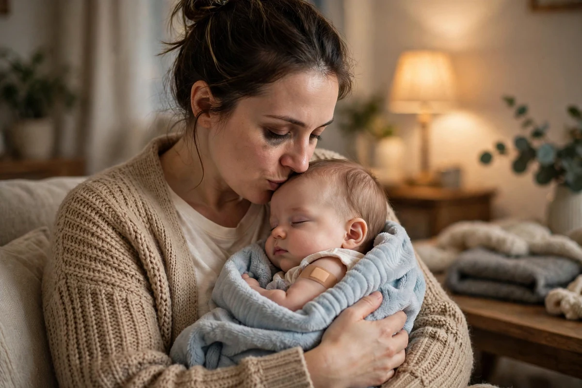Mãe acariciando o bebê dormindo após a vacinação em casa