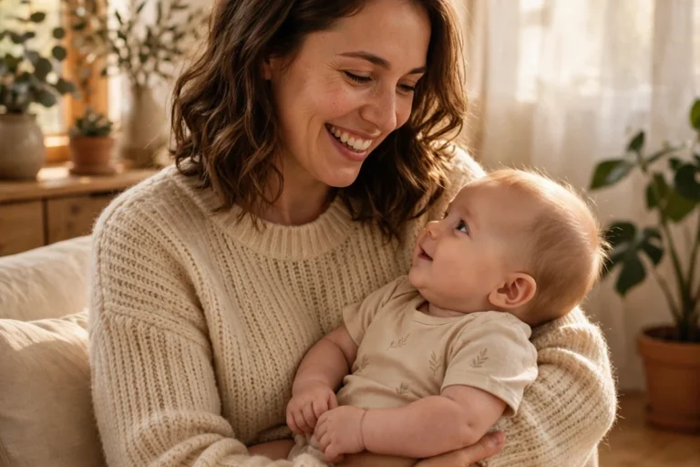 Mãe sorrindo segurando o bebê no colo em uma sala iluminada pelo sol