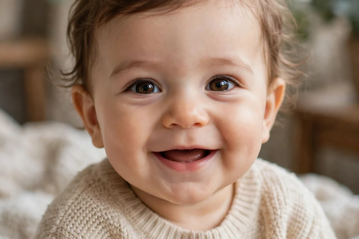 Bebê curioso sorrindo e olhando para a câmera