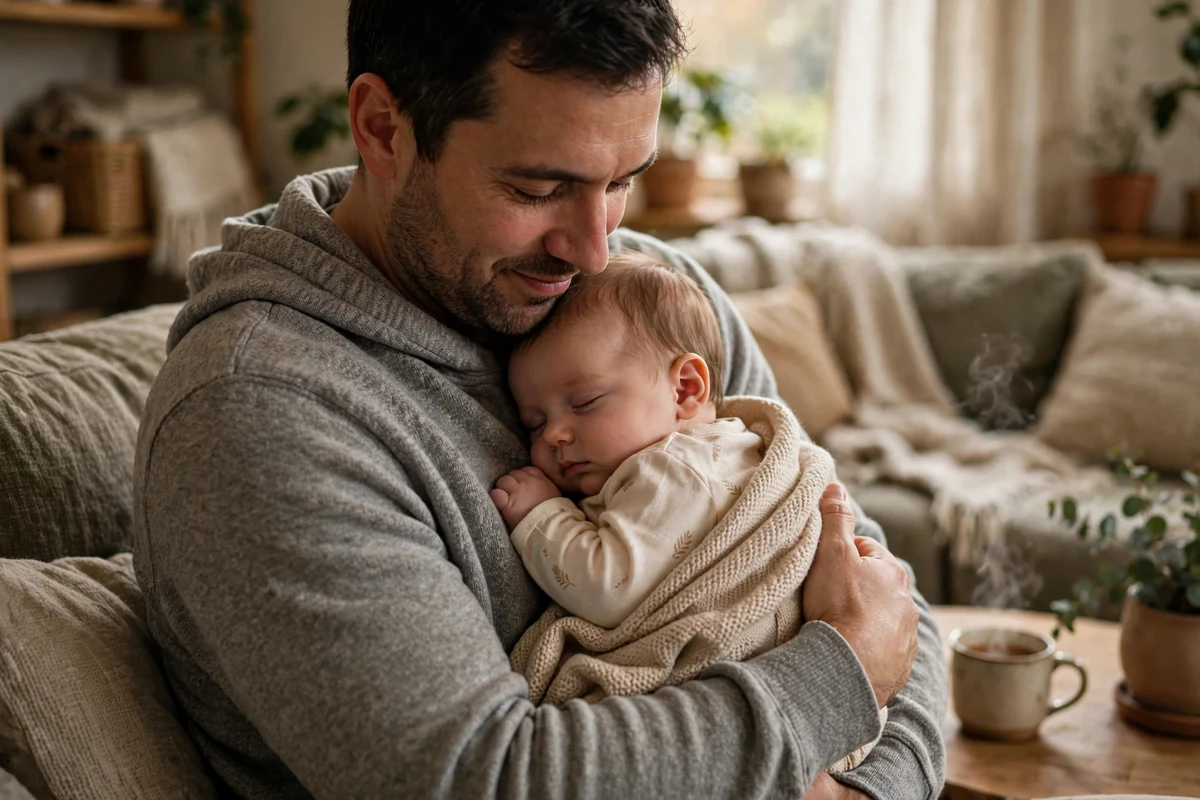 Pai dando colo aconchegante ao bebê em casa