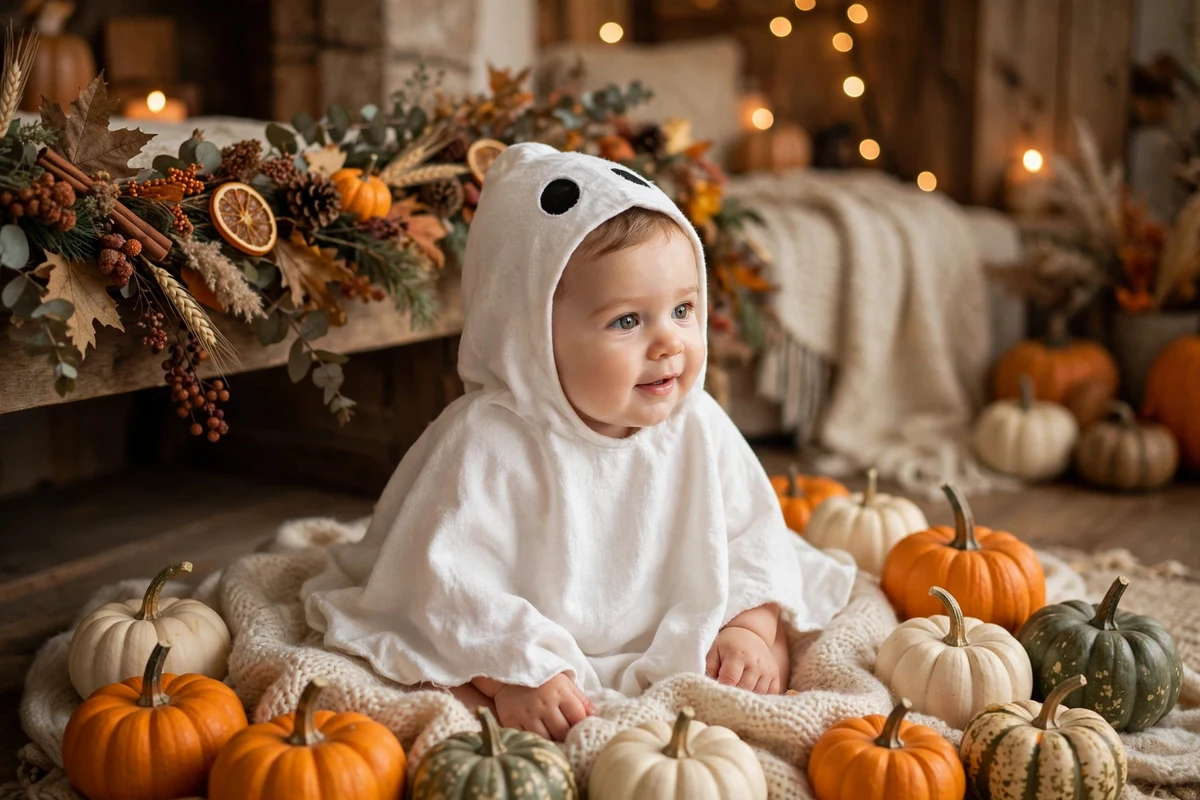 Bebê fantasiado de fantasminha em ensaio de fotos de Halloween com abóboras