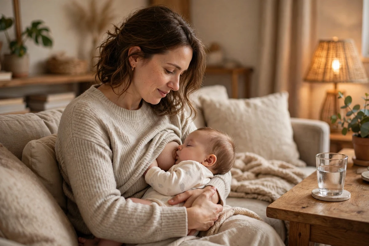 Mãe amamentando o bebê no sofá, oferecendo conforto durante a febre