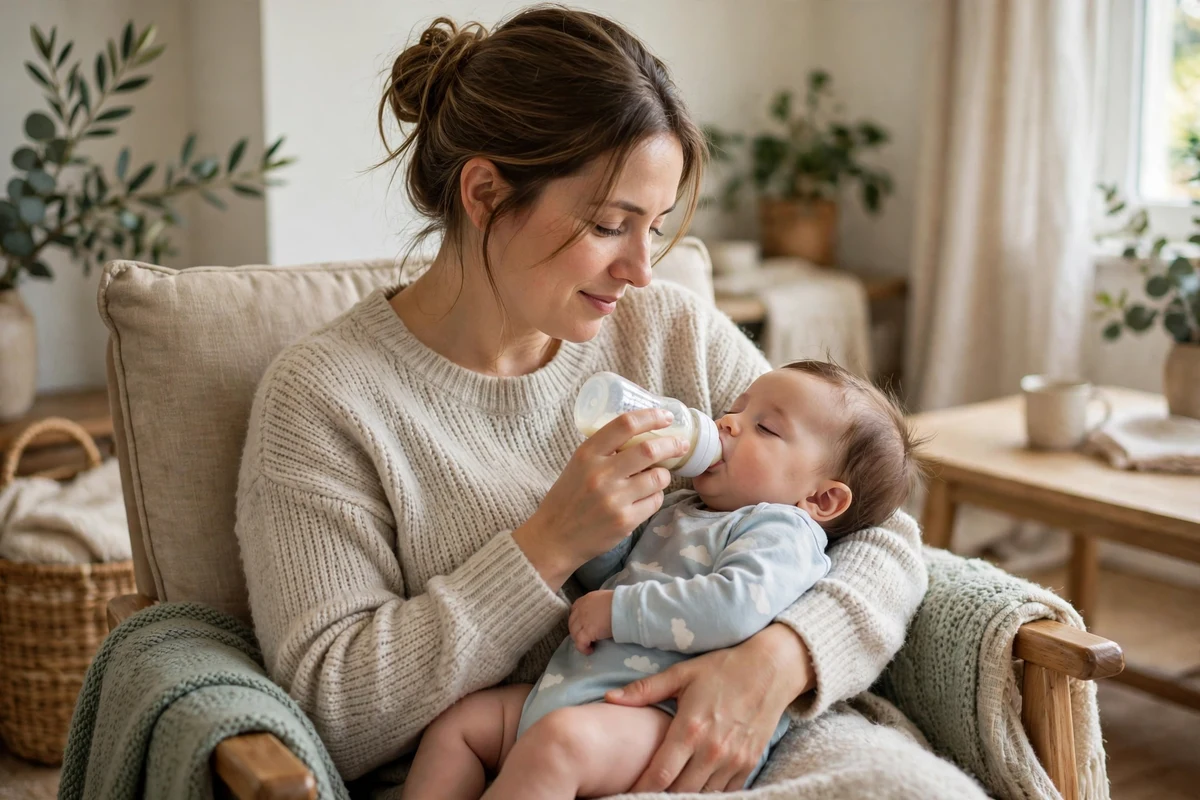 Mãe amamentando o bebê em posição semi-vertical em poltrona confortável