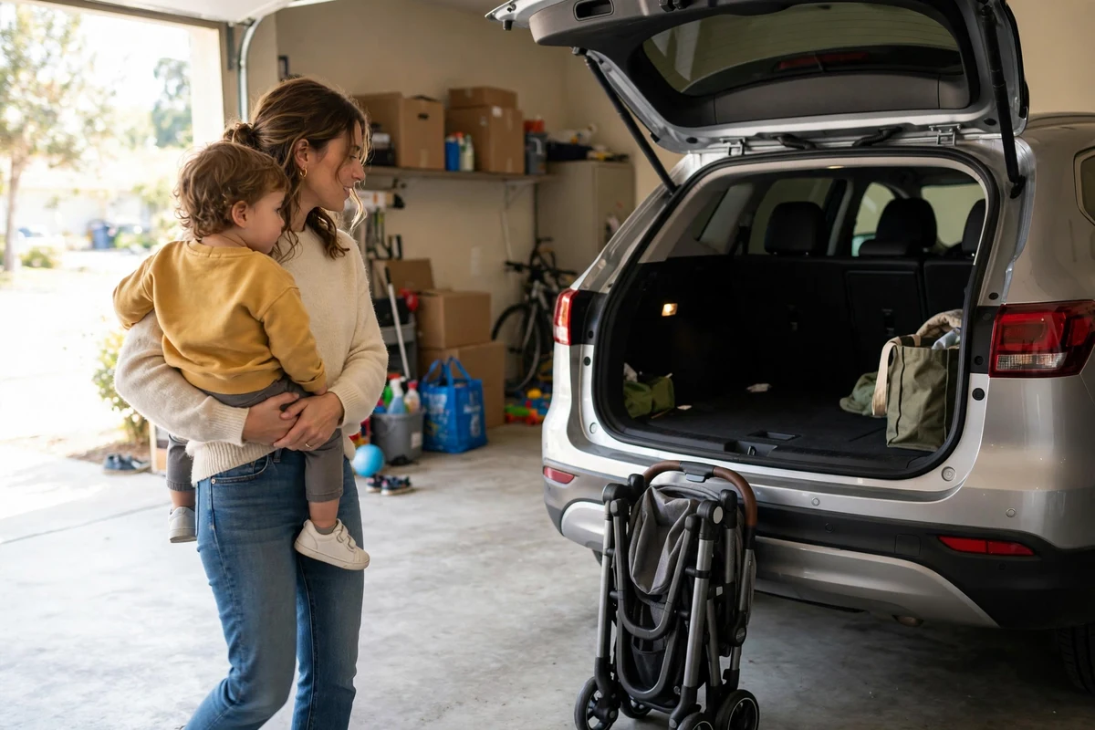 Carrinho de bebê dobrado ao lado do porta-malas do carro