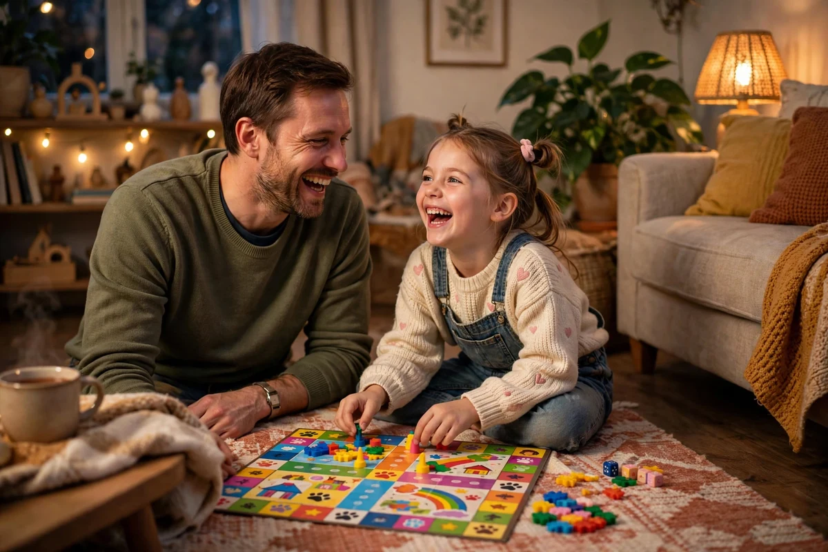 Pai e filha jogando jogo de tabuleiro no chão da sala em clima aconchegante